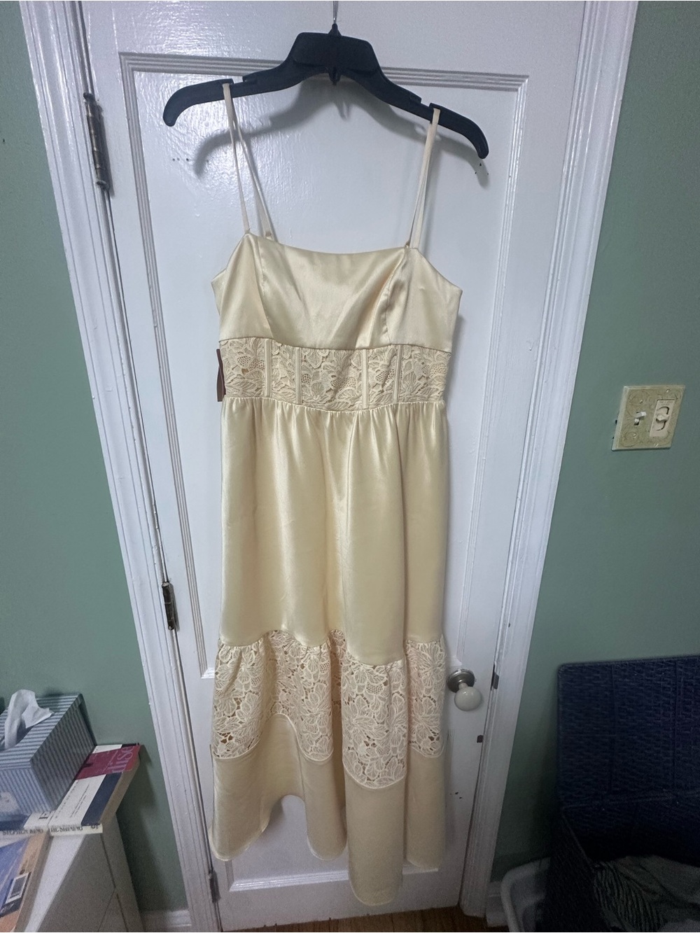 BHLDN Cream Satin Lace-Panel Midi Dress - Picture 4 of 8